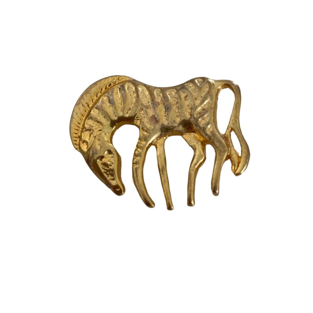 Vintage Zebra Animal Figural Brooch Pin Gold Tone Metal Shiny African Safari